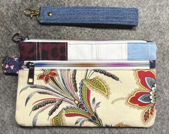 Handmade Upcycled Denim Front Zipper Pocket Cotton Lined Bag Pouch Wristlet