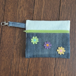 Handmade Upcycled Denim Small Zipper Pouch with Clasp (Pink & White Denims)