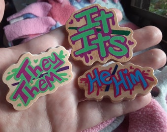 2" Paint Splatter Wood Pronoun Pins