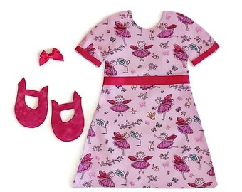 Paper Doll Quilt Outfit one piece dress with playful bright pink fairies on light pink background with matching hair bow and shoes