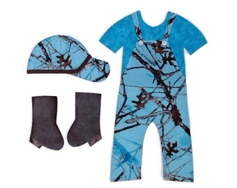 Blue Camouflage Paper Doll Quilt Overalls Outfit - Blue camouflage overalls shaded blue shirt, matching cap and brown boots.