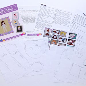 Op de afbeelding: Een set met papieren poppenquiltpatronen met een paarse achtergrond en de tekst "Donna's Dollies" en "A Paper Doll Quilt Pattern". De patronen omvatten een gezicht, lang haar, een jurk, een laars en een lange mouw.