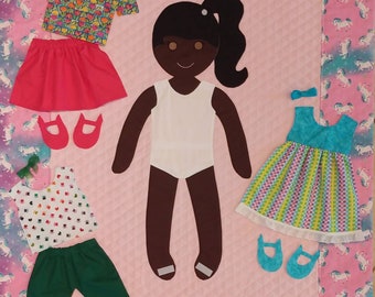 Jasmine Dark Brown Paper Doll Quilt for Baby or Young Girl, Motor Skills and Interactive Toy Dress Up Kids Play Blanket for Birthday gift