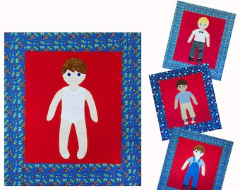 Boy Digital Download Paper Doll Quilt Pattern with Clothes, Motor Skills Dress Up Blanket Pattern for Kids and Gift for sewer and quilter