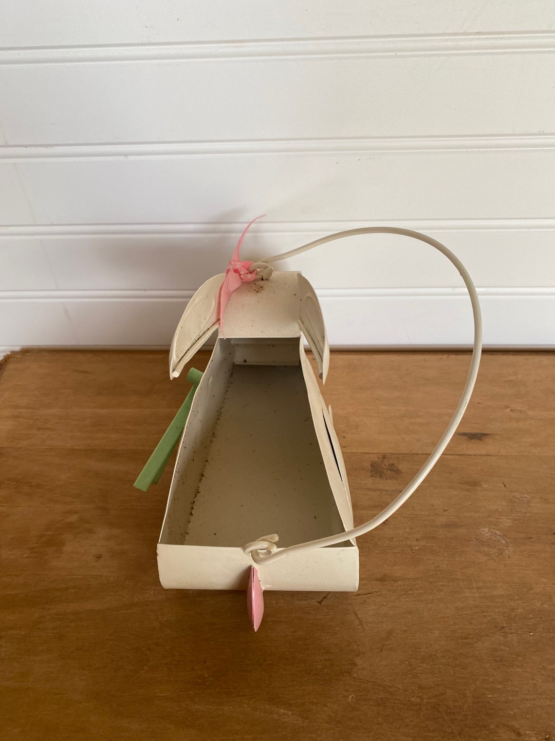 Small Metal Easter Bunny Basket White and Pink Etsy