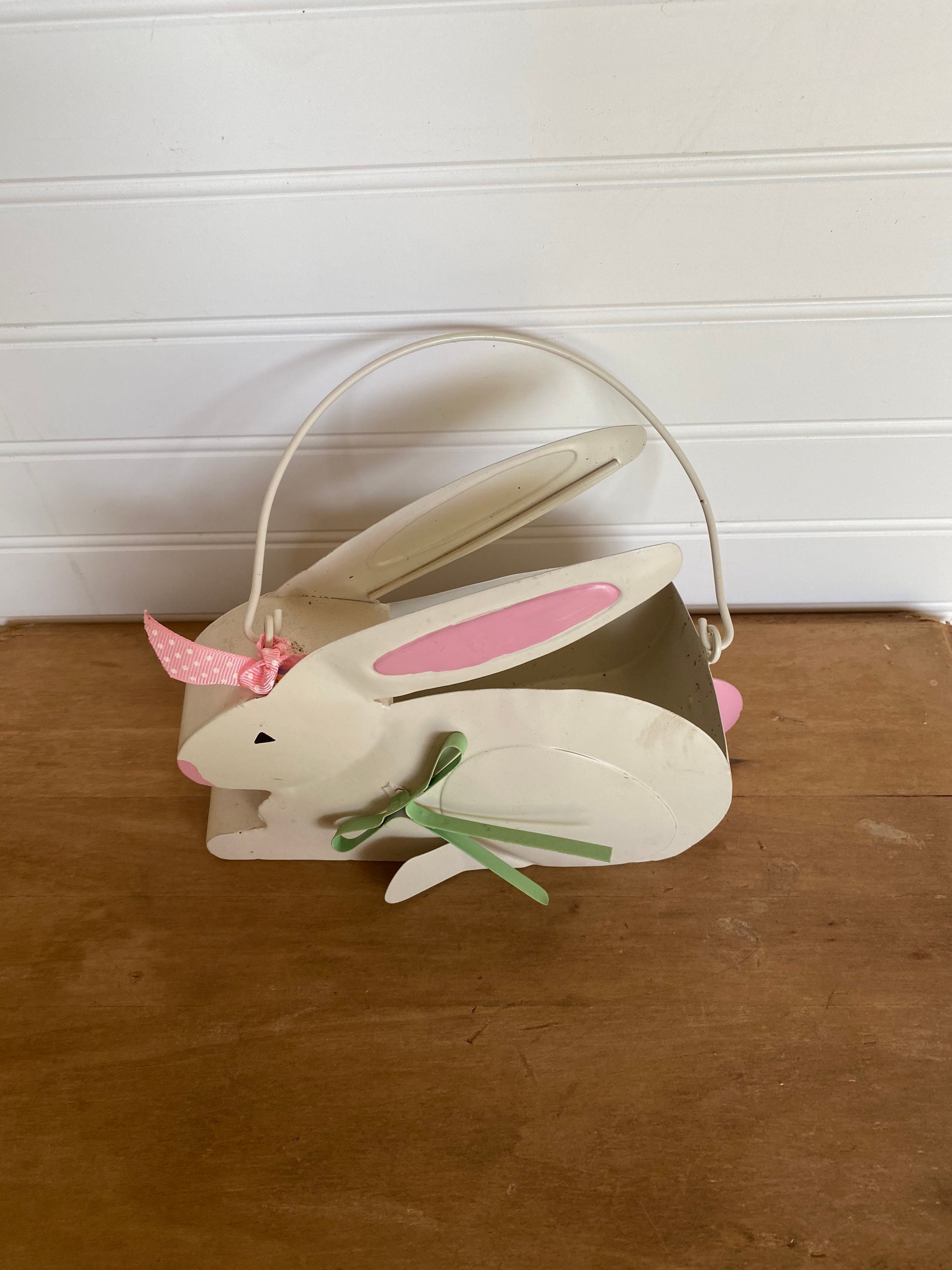 Small Metal Easter Bunny Basket White and Pink Etsy
