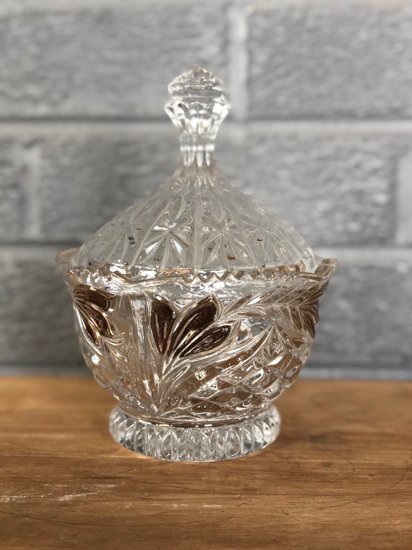Clear Candy Dish Lidded Gold Iridescent Leaves Etsy