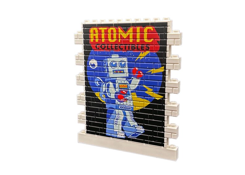 Atomic Collectables Retro Robot Ad Mural Sign, custom made pieces for Lego Minifigure image 1