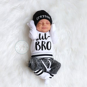 LITTLE BROTHER outfit, Baby Boy Coming Home Outfit/ Personalized Infant Baby outfit and Hat/ Monogrammed Baby Boy/ Baby Shower Gift image 1
