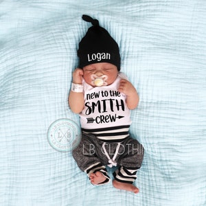 Baby Boy Coming Home Outfit. Spring Summer. Newborn Personalized Bodysuit. Black Custom Personalized Knot Hat Beanie. Take Home Outfit
