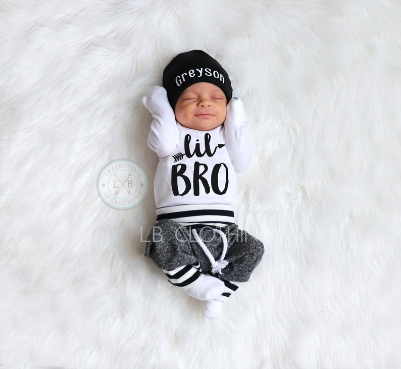 LITTLE BROTHER outfit, Baby Boy Coming Home Outfit/ Personalized Infant Baby outfit and Hat/ Monogrammed Baby Boy/ Baby Shower Gift image 1