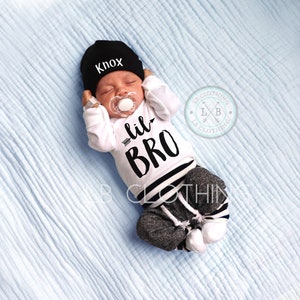 LITTLE BROTHER outfit, Baby Boy Coming Home Outfit/ Personalized Infant Baby outfit and Hat/ Monogrammed Baby Boy/ Baby Shower Gift image 2