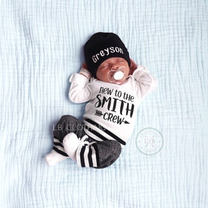 Baby Boy Coming Home Outfit. Spring Summer. Newborn Personalized Bodysuit. Black Custom Personalized Knot Hat Beanie. Take Home Outfit