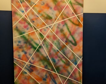 May include: Abstract art painting with a colourful background and white lines forming a grid pattern.