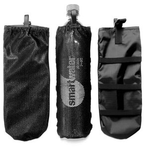 May include: Three black water bottle carriers. The center carrier holds a water bottle with the word "smartwater" visible. The carriers are made of a mesh and nylon material. Each carrier has a top clip for attachment.