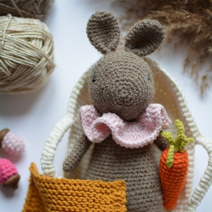 easter soft toys for kid, cute gift for toddler, bunny with basket and carrot, bday present for little girl, gender neutral suffed plaything