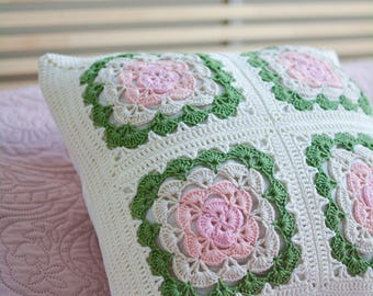 Crochet Granny Square Pillow Cover: Linen Back, Cozy Home Decor