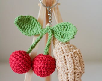 cherry keychain for bags, fruit charm for keys, accessories for backpack, foodie key ring for teenager, stuffed play food gift