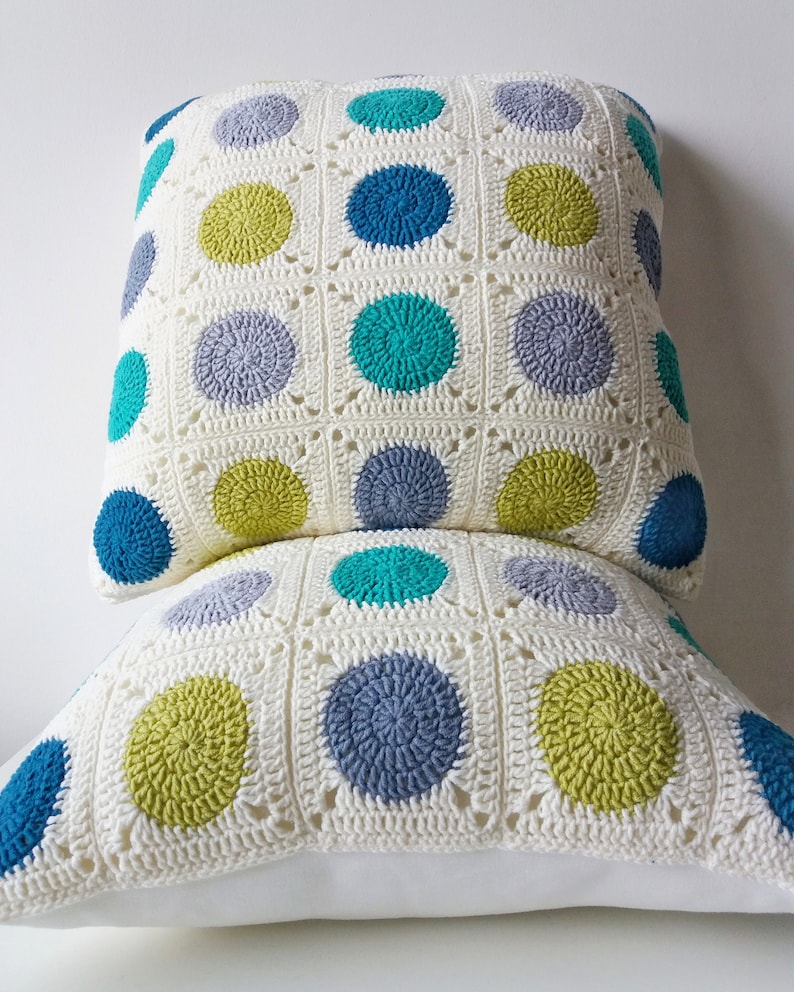 dots pillow, dots fabric, geometric pillow, dots pillow cover, crochet pillow, granny square crochet, green pillow cover, decorative pillow image 2