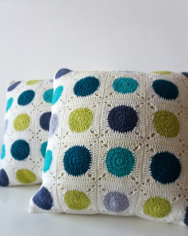 dots pillow, dots fabric, geometric pillow, dots pillow cover, crochet pillow, granny square crochet, green pillow cover, decorative pillow image 1