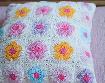 Crochet Granny Square Pillow Cover: Linen Back, Cozy Home Decor