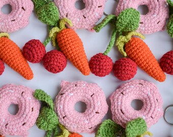 Crochet Food Keychain: Handmade Cherry, Carrot & Donut Charm