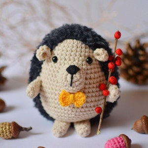 May include: A crocheted hedgehog toy with a black and white striped body, a yellow bow tie, and a red berry branch in its hand. The hedgehog is sitting on a white surface with several crocheted acorns around it.