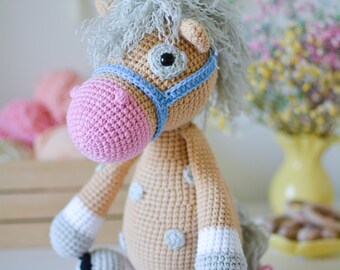 soft crochet horse toy, toddler birthday plush animal, custom color baby gift, personalized cuddly pony for preschool kids