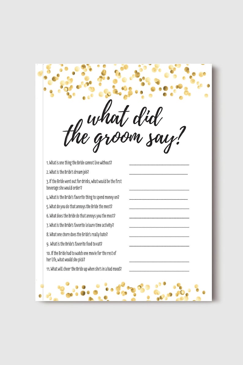 Bridal Shower Game Bachelorette Party Game What Did the Groom Say Gold Dot Confetti Themed Instant Download PDF