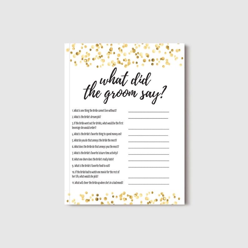 Bridal Shower Game Bachelorette Party Game What Did the Groom Say Gold Dot Confetti Themed Instant Download PDF