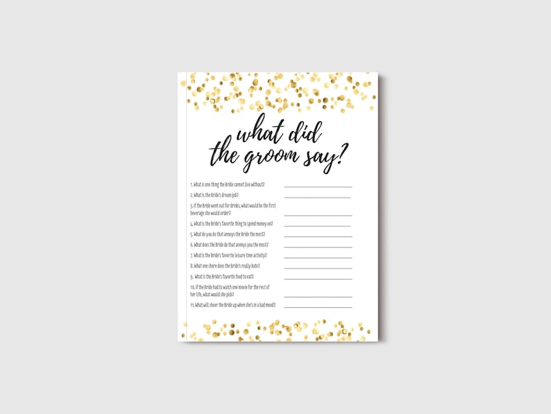 Bridal Shower Game Bachelorette Party Game What Did the Groom Say Gold Dot Confetti Themed Instant Download PDF