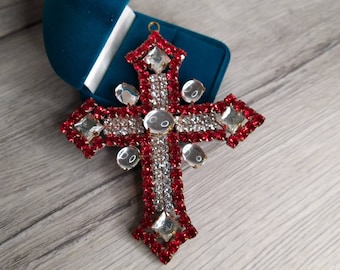 Red Cross Vintage Statement Pendant 3.1 inches Massive Crucifix With Red and Clear Crystals Gothic Style Jewelry
