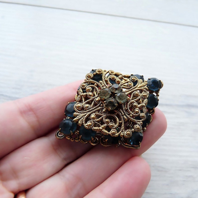 Blue sapphire rhinestone crystals filigree brooch Gray sparkly crystals Lace metal base artistic jewelry Wedding gift Gift for police wife
