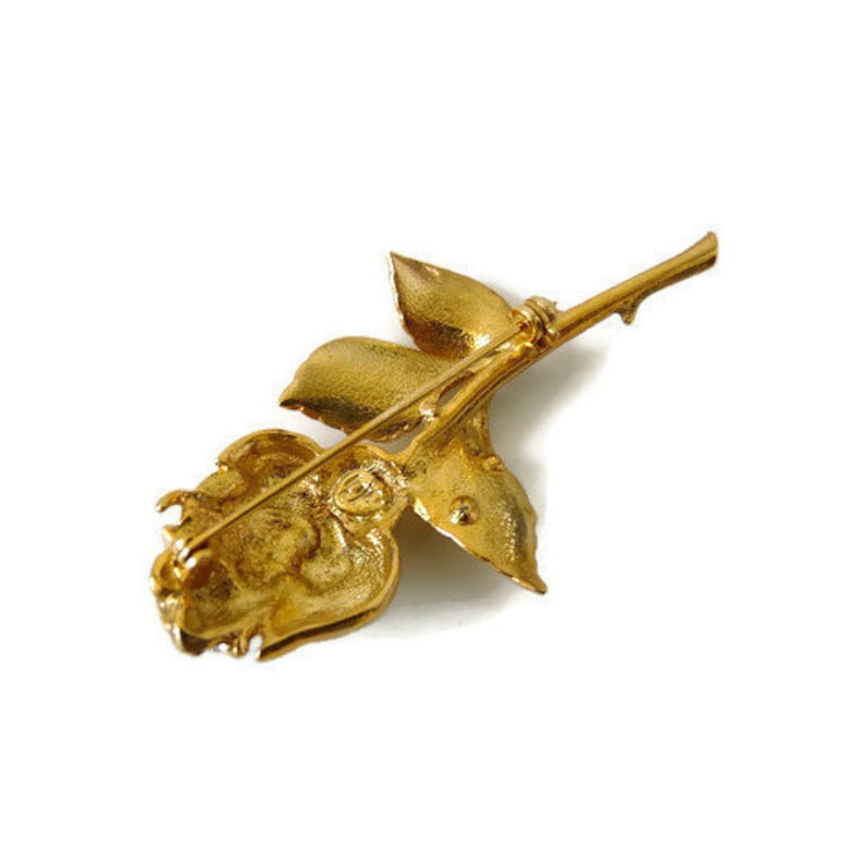 Golden Rose pin Vintage signed brooch from Europe White rhinestone crystals Sparkling crystals Flower brooch Gold tone metal Costume jewelry