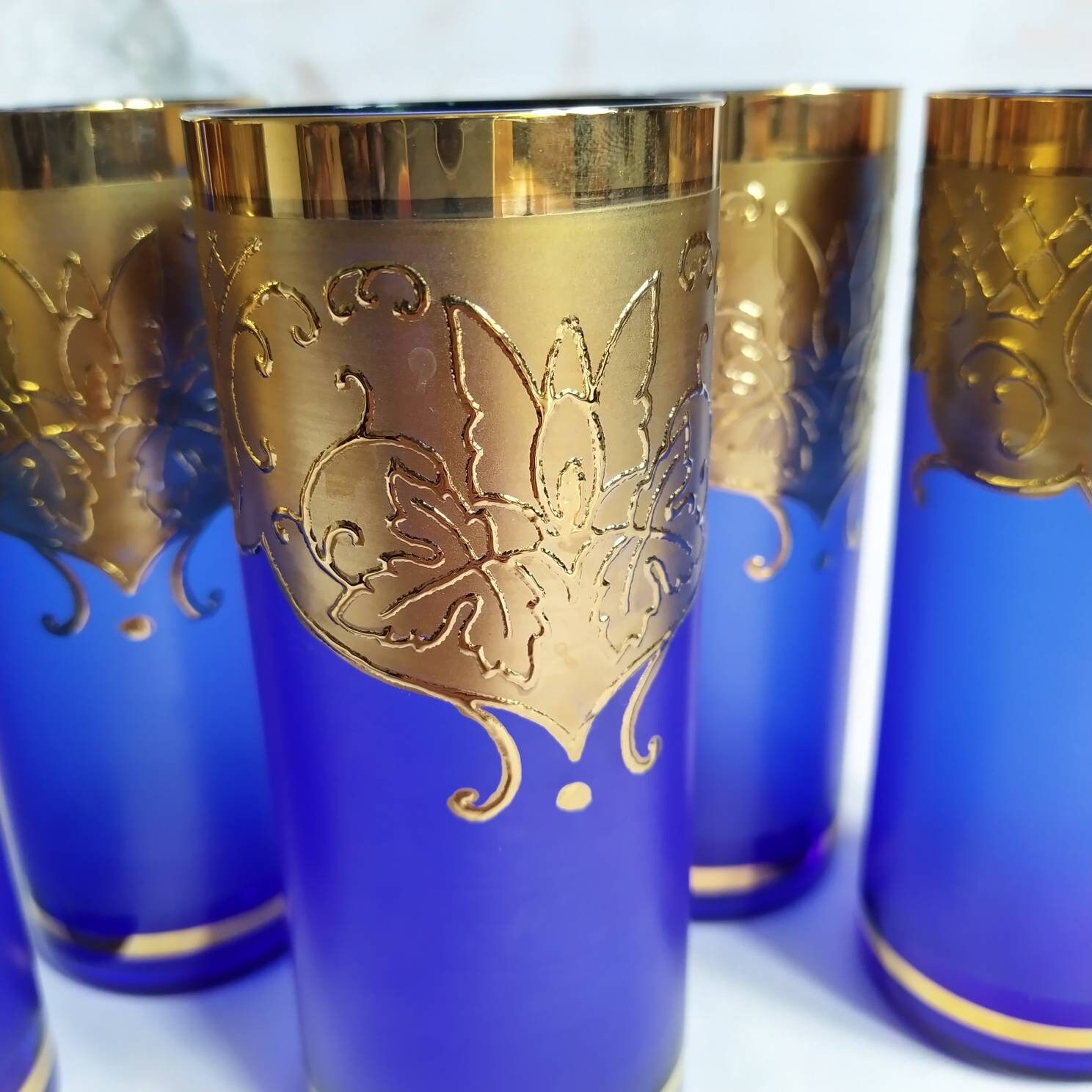 Vintage Blue Drinking Glass Set Art Deco 24 Carat Gold Inlays - Etsy