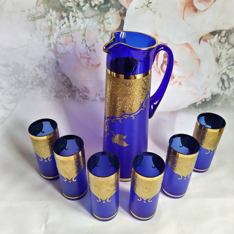 Vintage Blue Drinking Glass Set Art Deco 24 Carat Gold Inlays Jug and 6 ...