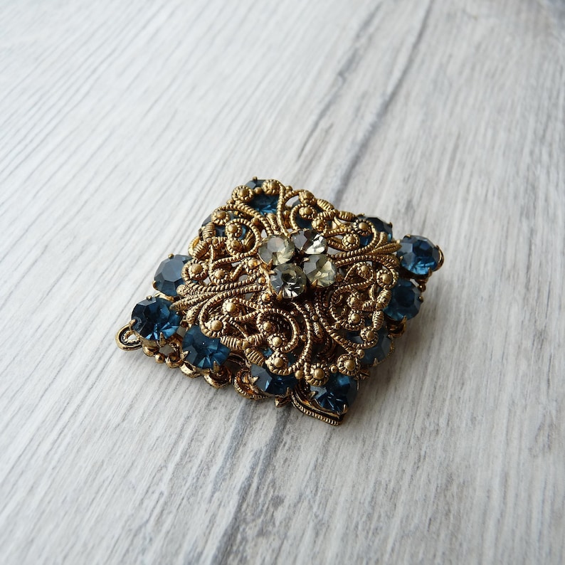 Blue sapphire rhinestone crystals filigree brooch Gray sparkly crystals Lace metal base artistic jewelry Wedding gift Gift for police wife