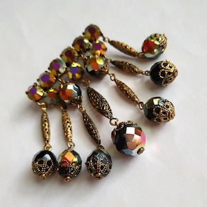 Vintage Large Dangle Crystals Brooch Dark Aurora Borealis Dangling Beads Tiered Bohemian Crystals Сollar Brooch Aesthetics Gift For Women