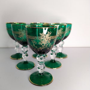 Emerald Liquor/Vodka Glasses With Gold 14K Decorated Etched Vintage Green Goblets 100ml Bohemian Czech 80s Family Gift Emerald Wedding Gift