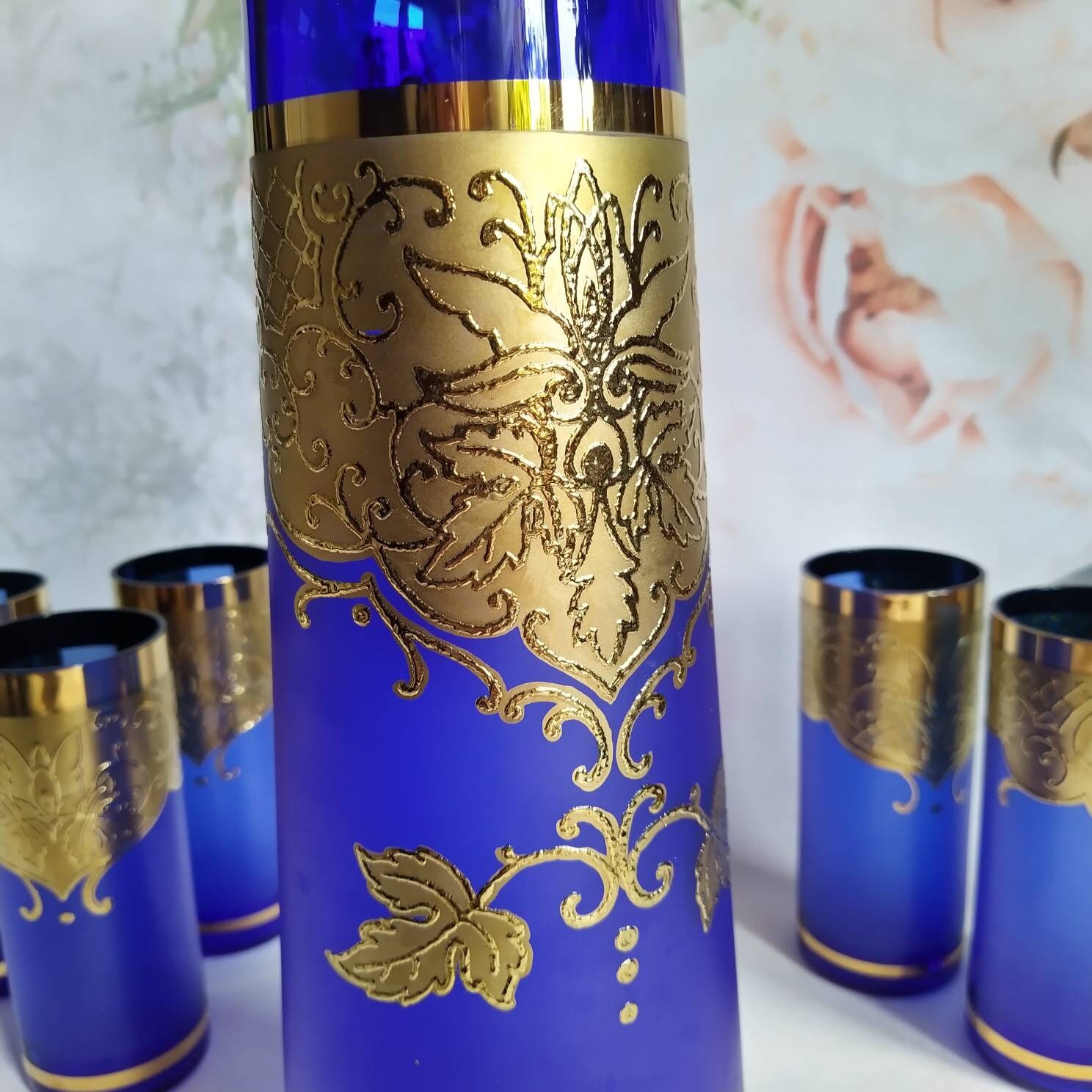 Vintage Blue Drinking Glass Set Art Deco 24 Carat Gold Inlays - Etsy