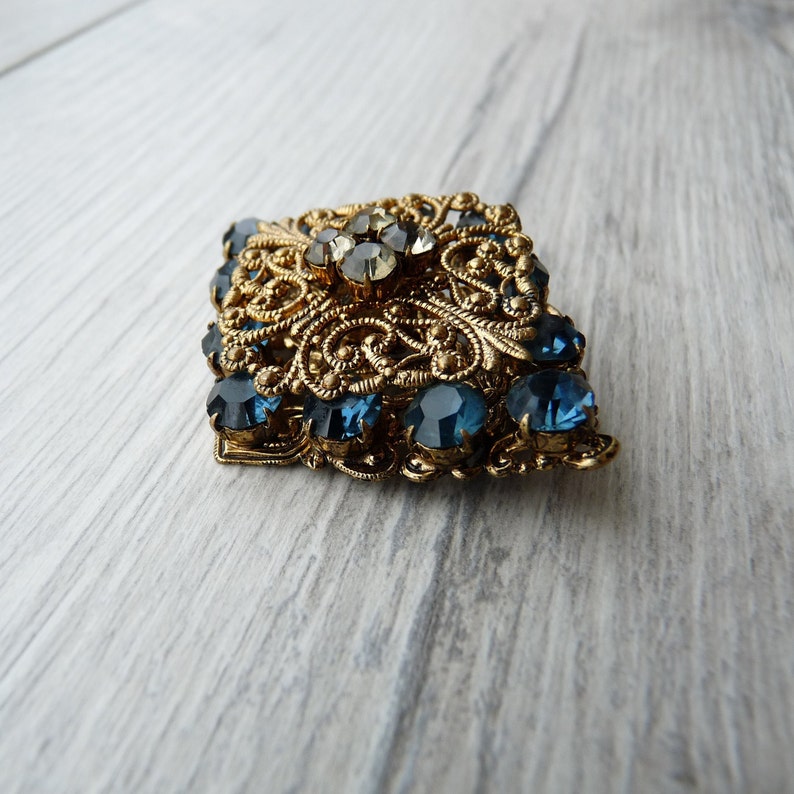Blue sapphire rhinestone crystals filigree brooch Gray sparkly crystals Lace metal base artistic jewelry Wedding gift Gift for police wife