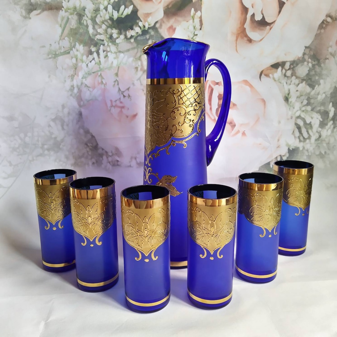 Vintage Blue Gold Drinking Glass Set Art Deco 24 Carat Gold Inlays Jug and 6 Glasses Bohemian ...
