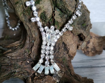 Elegant Wedding Clear Rhinestone Necklace Signed KRAMER Couture Designer Silver Tone Wedding Necklace Vintage costume jewelry for women