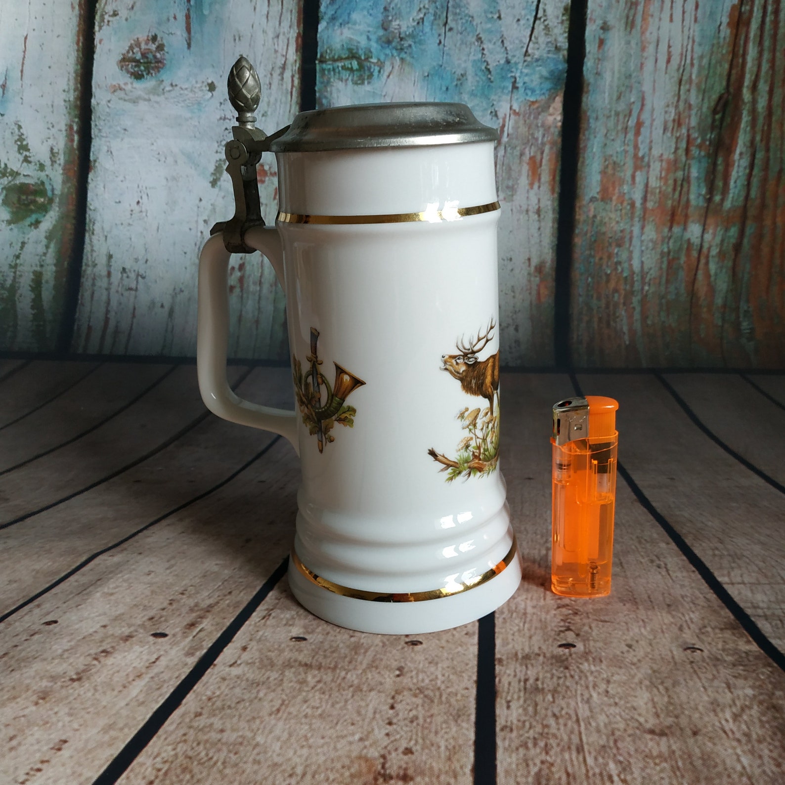 Large Ceramic Beer Stein With Pewter Lid Vintage White Glazed - Etsy