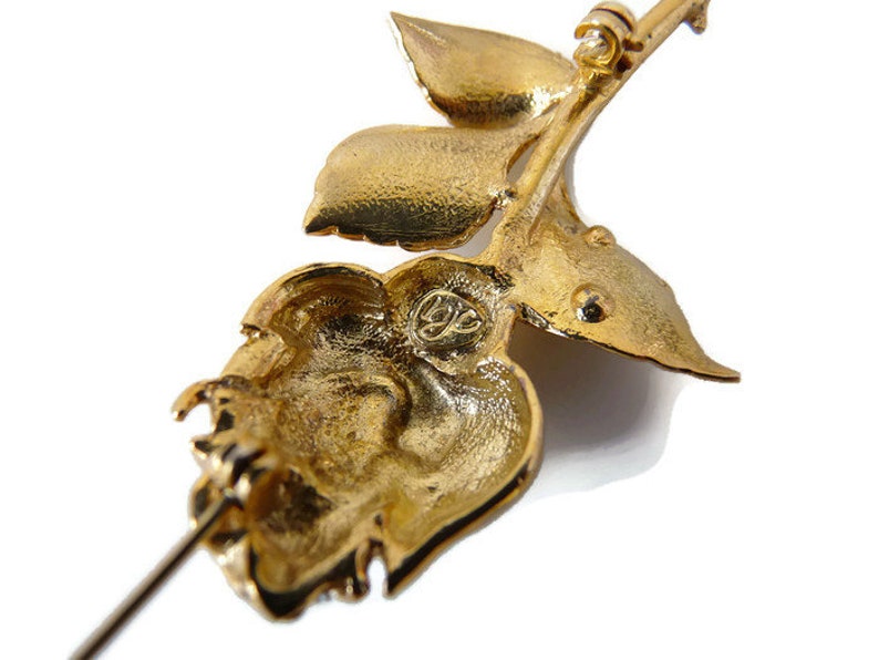 Golden Rose pin Vintage signed brooch from Europe White rhinestone crystals Sparkling crystals Flower brooch Gold tone metal Costume jewelry