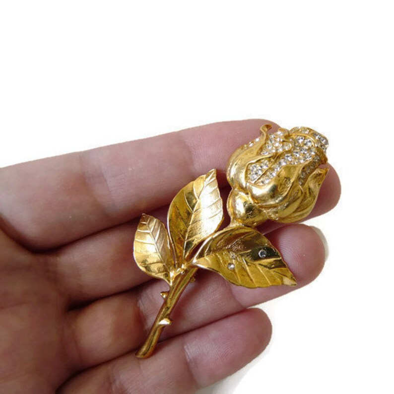 Golden Rose pin Vintage signed brooch from Europe White rhinestone crystals Sparkling crystals Flower brooch Gold tone metal Costume jewelry