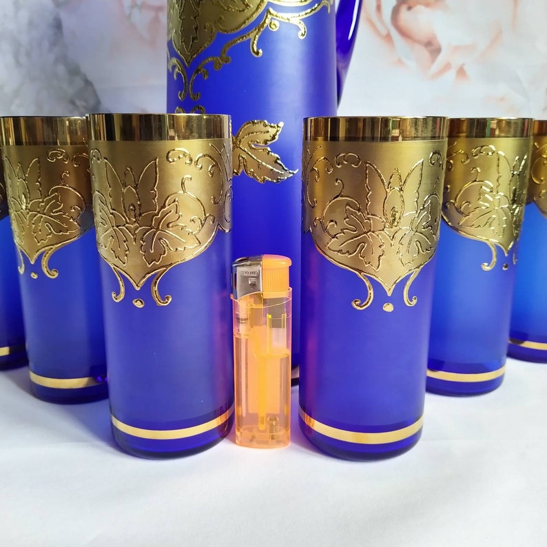 Vintage Blue Drinking Glass Set Art Deco 24 Carat Gold Inlays Jug and 6 ...