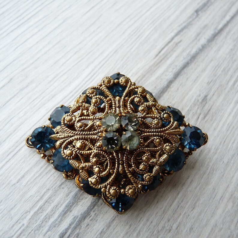 Blue sapphire rhinestone crystals filigree brooch Gray sparkly crystals Lace metal base artistic jewelry Wedding gift Gift for police wife