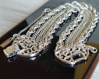 Monet Multi Strands Twisted Chain Bracelet 7&quot; 6 Silver Tone Chain Bangle with Carved Clip on Clasp Safety Chain Multi Chain Bracelet Monet