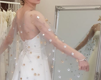 Gray Stars Sequins Wedding Cape: Celestial Bridal Cover-Up, Shiny Stars Cloak, Sequined Grey veil.